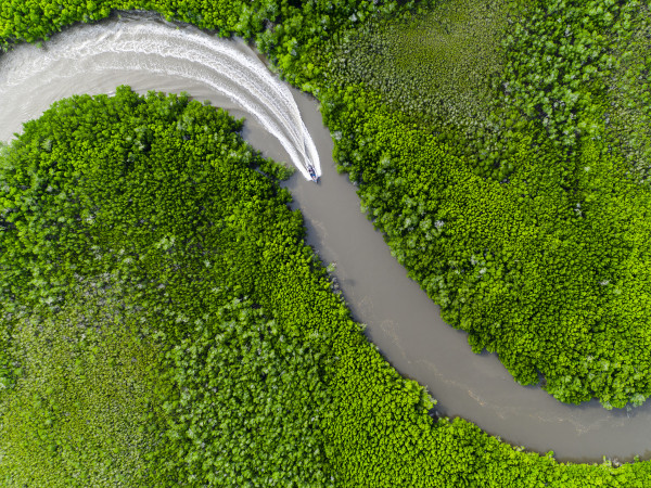 Top down aerial photo of a boat going down a river